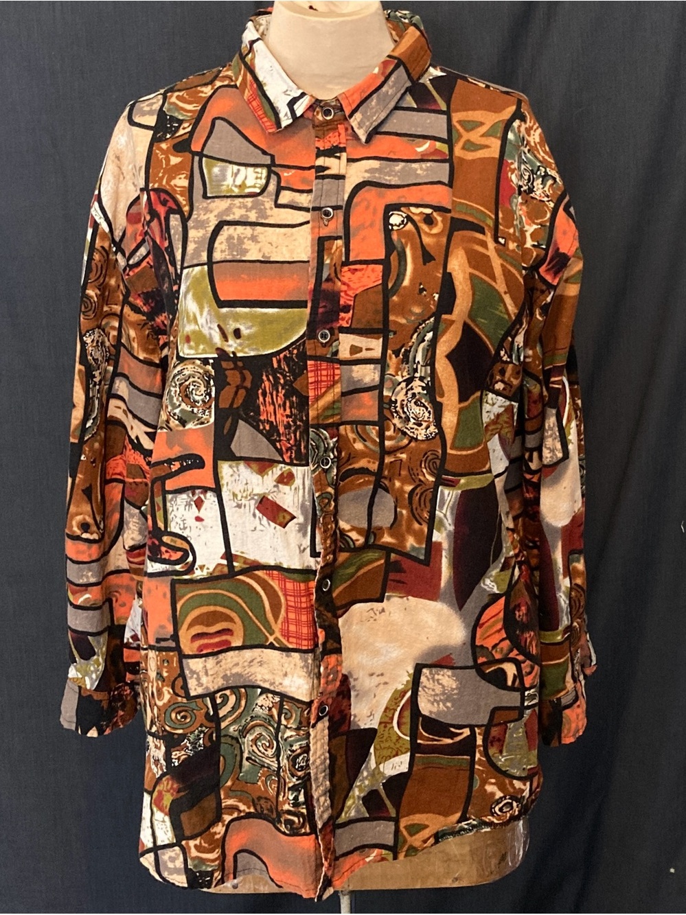 LucMatton Abstract Earth Tone Button-Up Shirt - Cotton+Linen Blend